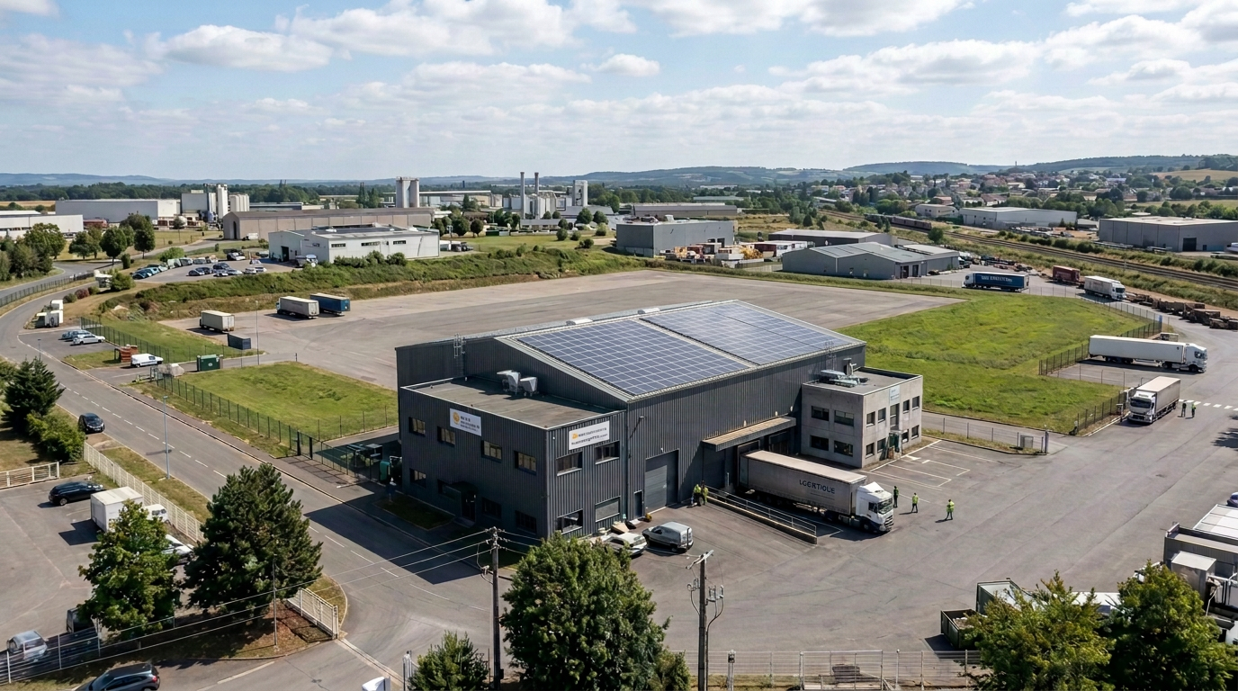 Vue aérienne d'un bâtiment logistique et de sa toiture photovoltaïque dans le cadre d'un bail de location de toit en Auvergne-Rhône-Alpes et Bourgogne.