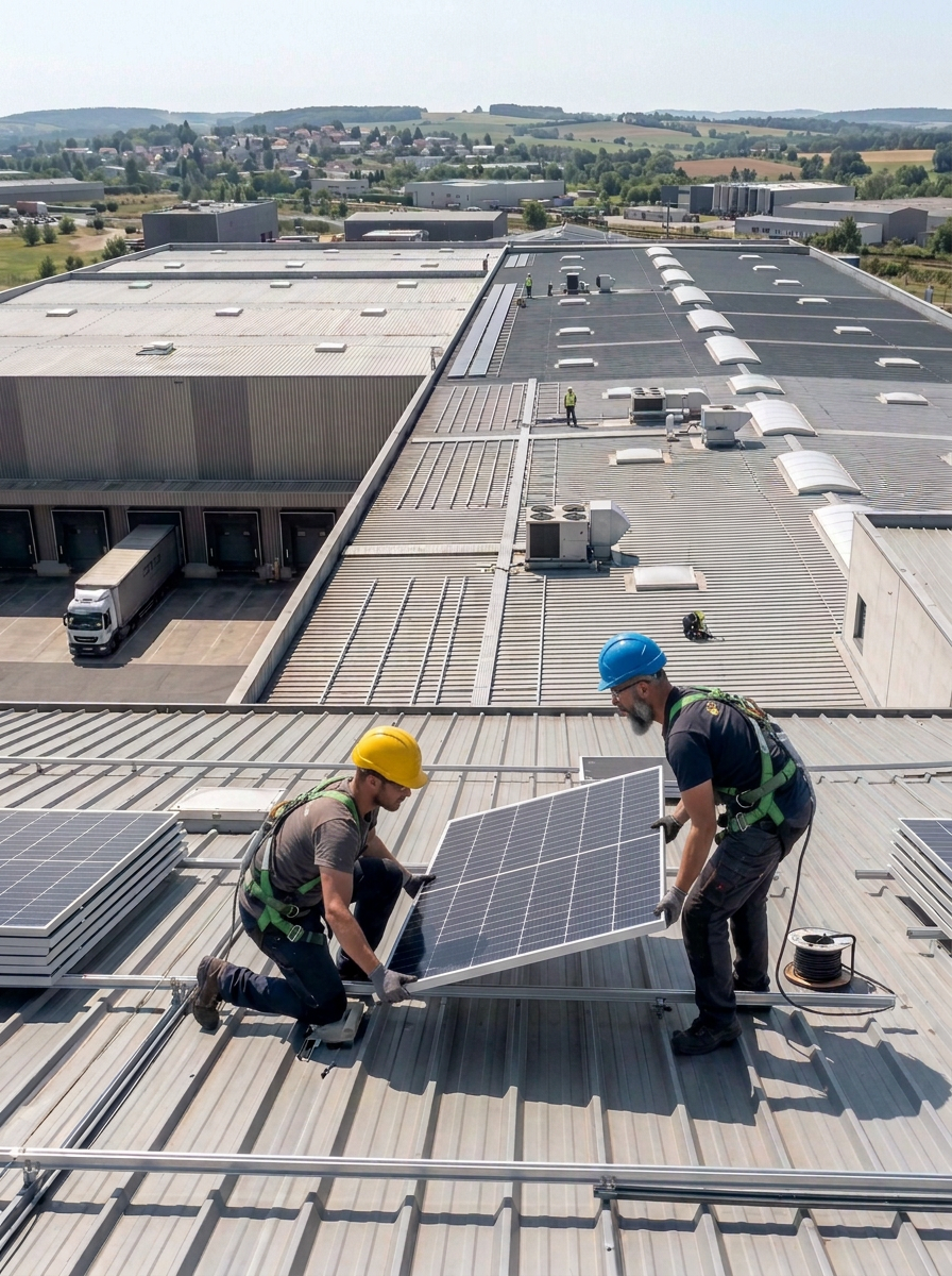 Installation professionnelle de panneaux solaires photovoltaïques sur la toiture d'un bâtiment industriel en Auvergne-Rhône-Alpes et Bourgogne, avec deux techniciens en sécurité et un camion de livraison en arrière-plan.